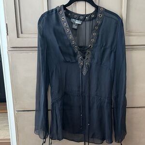 Beautiful Black Silk Sheer Lace-Up Blouse